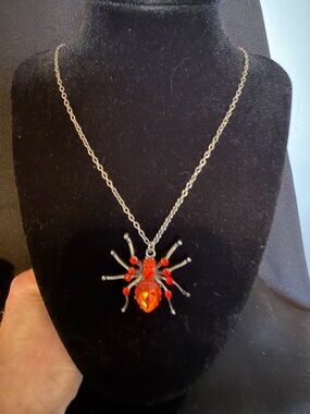 26” Spider Charm Pendant Necklace Orange Crystal Silver Tone Cable Chain